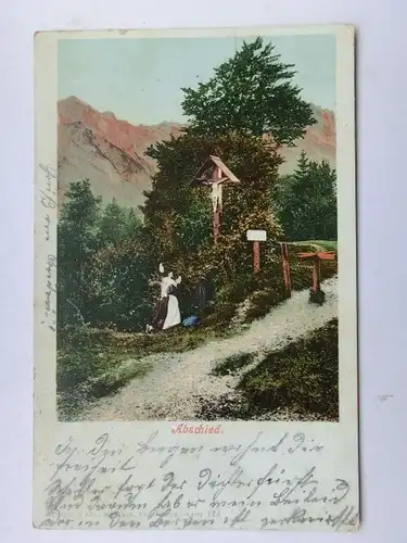 Alte AK Künstlerkarte Abschied Wegkreuz Beten Gebet 1902 [aW534]