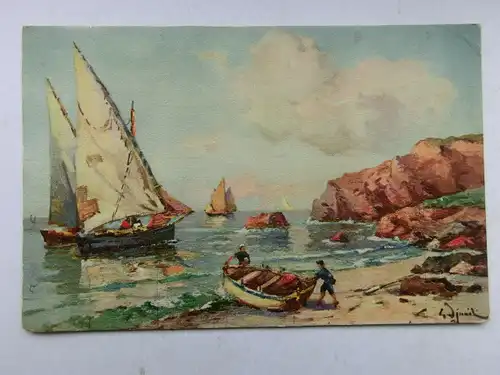 Alte AK Künstlerkarte Segelboot Meer Felsen [aW541]
