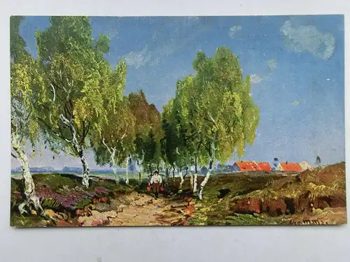 Alte AK Helbachs Künstler-Karten Birken Dorf Weg [aW544]