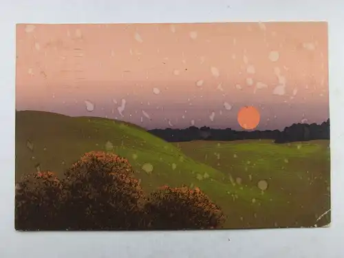 Alte AK Originalzeichnung ??? Landschaft Sonnenuntergang (fleckig) [aW572]