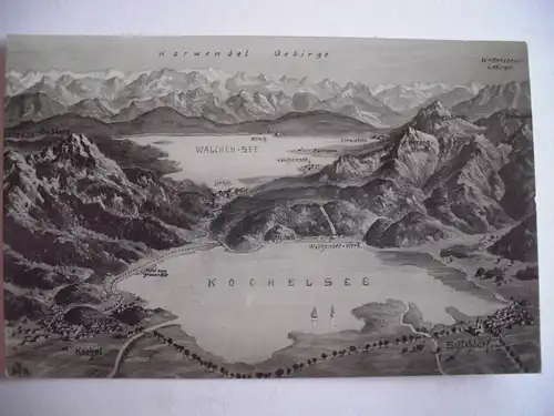 Alte AK Panoramakarte Kochelsee Walchensee 1931 [D149]
