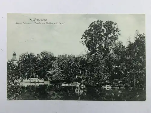 Alte AK Wiesbaden Neues Curhaus Weiher m. Insel 1907 [aX79]