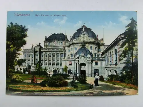 Alte AK Wiesbaden Kgl. Theater m. Foyer-Bau 1916 [aX145]