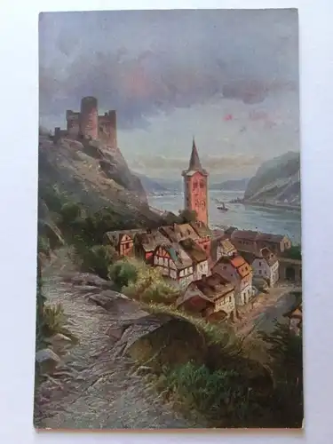 Alte AK Gemäldekarte Rhein Burg Maus Bingen [aJ781]