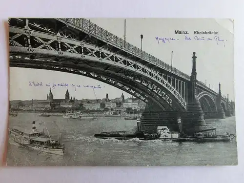 Alte AK Mainz Rheinbrücke 1925 Schiffe Schifffahrt [aJ799]