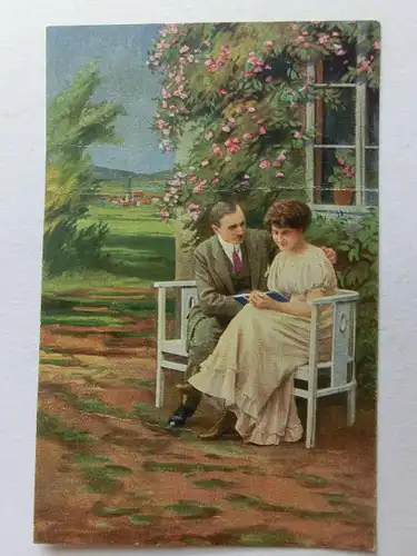 Alte AK Liebespaar Sitzbank Haus Blumen 1919 [aX708]
