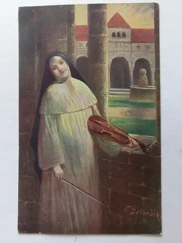 Alte AK Künstlerkarte Nonne Geige Violine Kloster [aX710]
