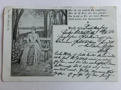 Alte AK Grußkarte Frau Sitzbank 1903 [aX712]