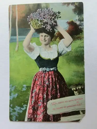 Alte AK Grußkarte Frau Blumenkorb (Ecke fehlt) [aX724]