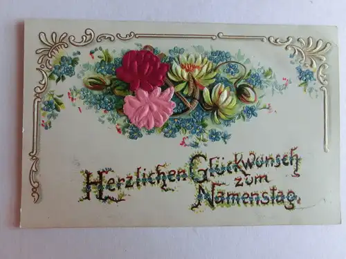 Alte AK Prägekarte Grußkarte Blumen Namenstag 1914  [aT780]