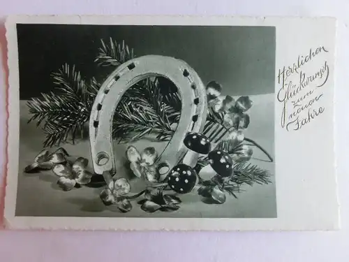 Alte AK Grußkarte Neujahr Hufeisen Pilze Tannenzweig [aT811]
