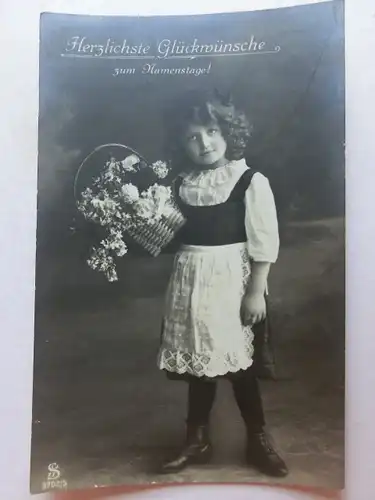 Alte AK Grußkarte Namenstag Mädchen Blumenkorb [aT834]