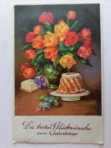 Alte AK Grußkarte Geburtstag Kuchen Tulpen [aT836]