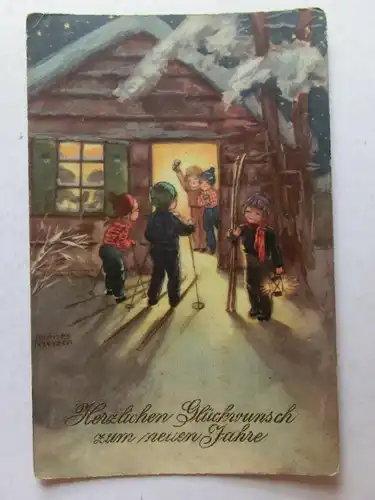 Alte AK Grußkarte Neujahr Kinder Skifahren Hütte [aT841]