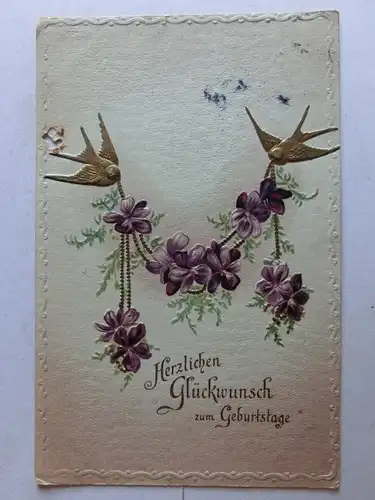 Alte AK Grußkarte Prägekarte Veilchen Vögel [aT843]