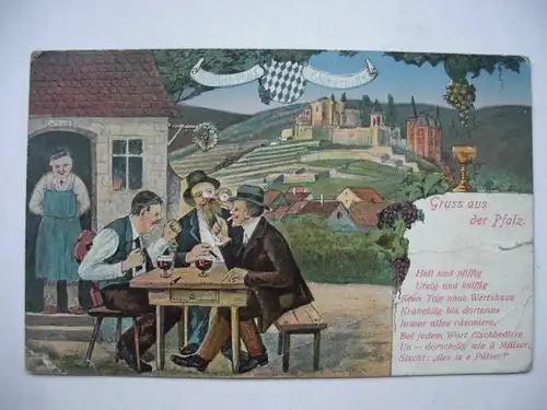 Alte AK Pfalz Karikatur Wein Gasthaus Wirt (beschädigt) [aE66]