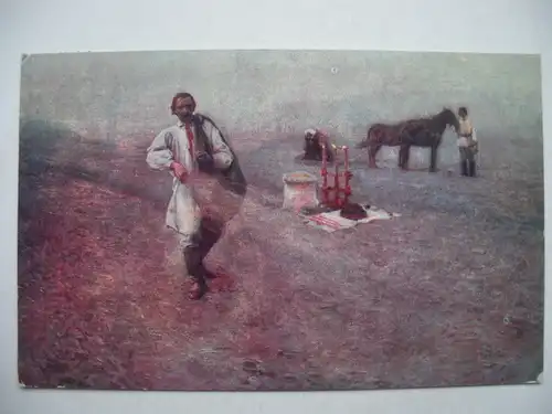 Alte AK Künstlerkarte Ungarn Puszta Pferde Bauern [aE81]