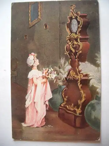 Alte AK Künstlerkarte Mädchen Uhr Standuhr [aE267]