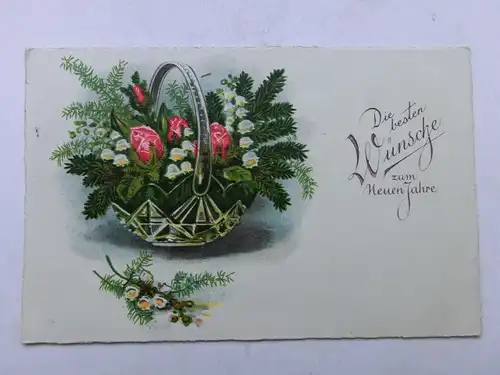 Alte AK Grußkarte Neujahr Korb Tannenzweige 1933 [aX924]