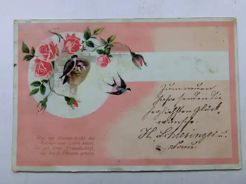 Alte AK Grußkarte Schwalben Rosen Vogelnest 1902 [aX927]