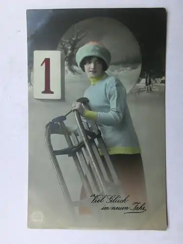 Alte AK Grußkarte Neujahr Frau Kalenderblatt Schlitten [aX933]