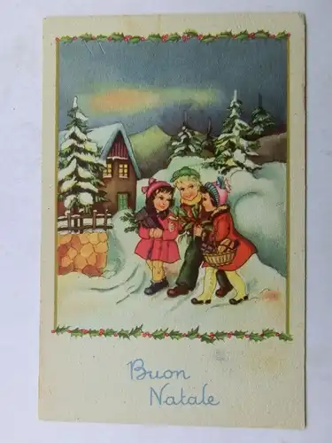 Alte AK Grußkarte Buon Natale Kinder Haus Schnee [aX940]