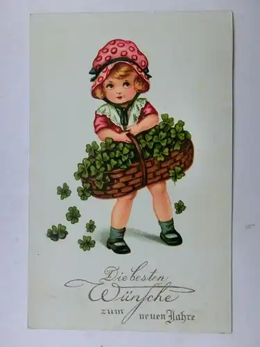 Alte AK Grußkarte Neujahr Mädchen Kleeblätter Korb um 1925 [aX960]