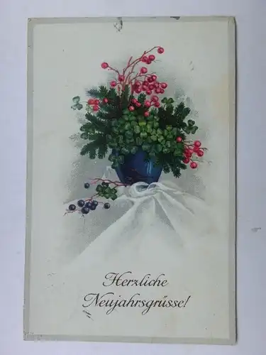 Alte AK Grußkarte Neujahr Kleeblätter Tannen Beeren 1921 [aX961]