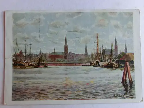 Alte AK Künstlerkarte Lübeck Blick vom Hafen  [aX678]