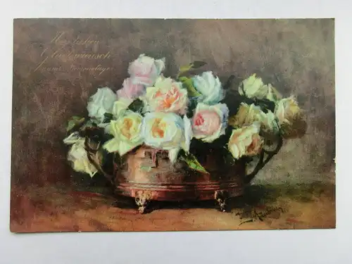 Alte AK Grußkarte Namenstag Rosen in Vase [aX420]