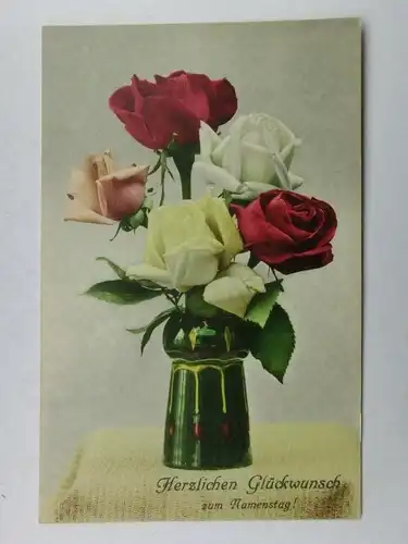 Alte AK Grußkarte Namenstag Rosen in Vase [aX429]