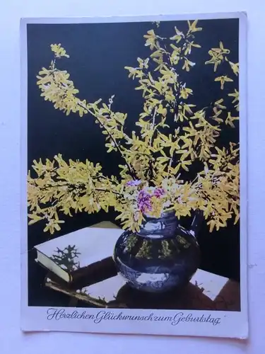 Alte AK Grußkarte Geburtstag Forsythien Vase Buch [aE972]