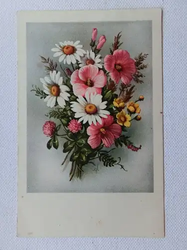 Alte AK Grußkarte Blumenstrauß Klee Margeriten Malven [aX881]