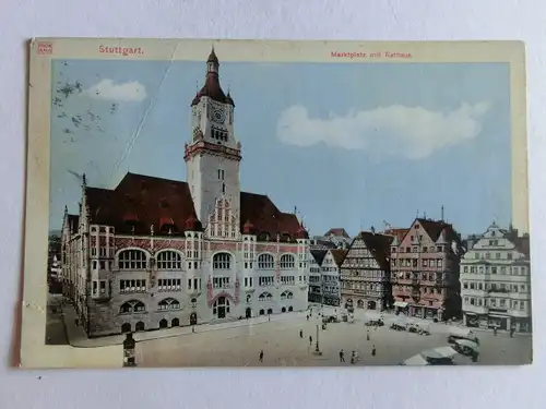 Alte AK Stuttgart Marktplatz Rathaus 1913 [aE858]