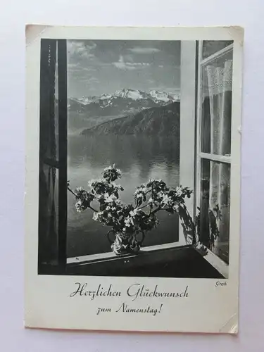 Alte AK Grußkarte Namenstag Fenster Blumen Berge [aN213]