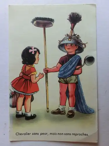 Alte AK 2 Kinder Zeichnung Besen Ritter König  [aM954]