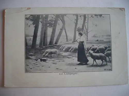 Alte AK Schäferin Schafe Schäfer Frankreich Gemälde (beschäd.) [aE568]