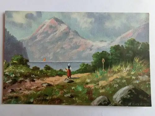 Alte AK Gemäldekarte Berge See Frau [aH903]