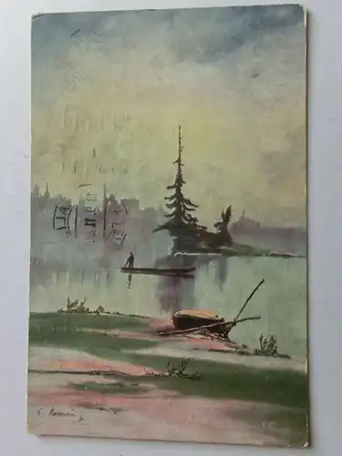 Alte AK Gemäldekarte See Tanne Boot Kahn 1911 [aH244]