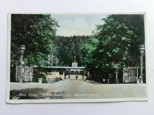 Alte AK Bad Elster Neuer Badeplatz Haupteingang 1939 [aH255]