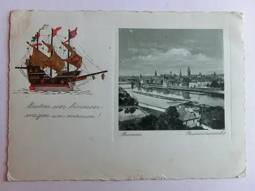 Alte AK Bremen Gesamtansicht, geprägtes Segelschiff 1939 (fleckig) [aH461]