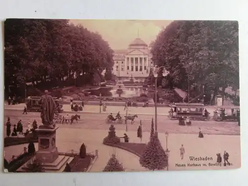 Alte AK Wiesbaden Neues Kurhaus Bowling Green Pferdekutschen 1909 [aH306]