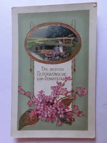 Alte AK Grußkarte Geburtstag Prägekarte 1913 Goldprägung [aH73]