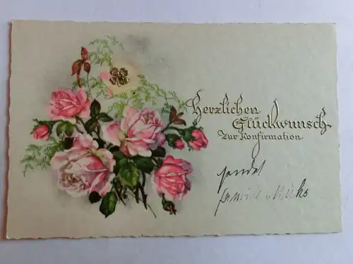 Alte AK Grußkarte Konfirmation Rosen geprägtes Kleeblatt um 1930 [aH53]