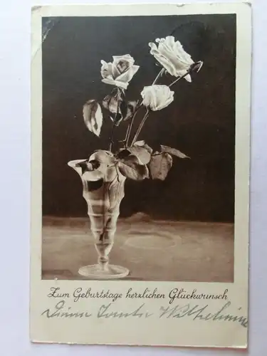 Alte AK Grußkarte Geburtstag Rose Rosen in Vase [aH69]