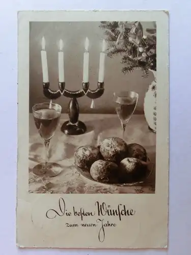 Alte AK Grußkarte Neues Jahr Kerzenständer Wein Gebäck 1934 [aH117]