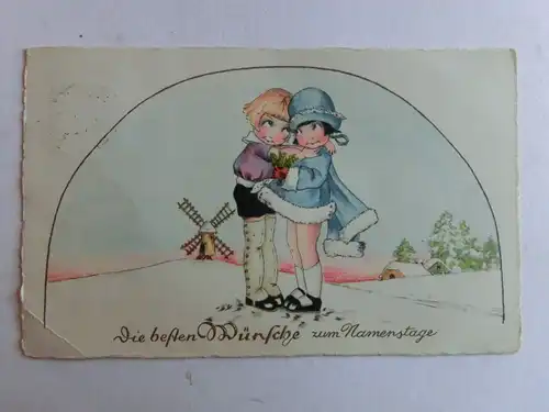 Alte AK Grußkarte Namenstag Kinder Windmühle 1937 [aH55]