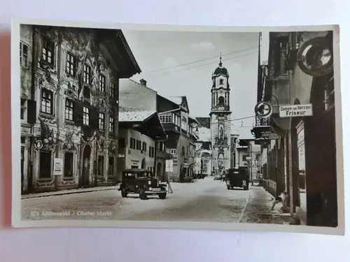 Alte AK Mittenwald Oberer Markt Autos Friseur [aJ873]