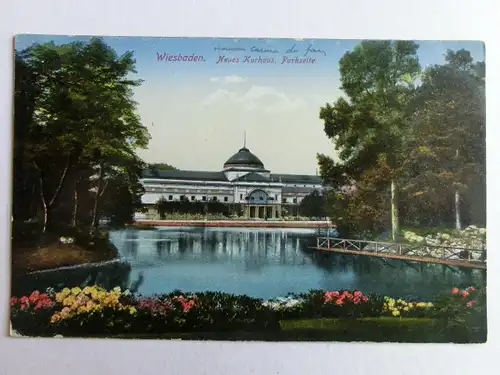 Alte AK Wiesbaden Neues Kurhaus Parkseite 1919 [aJ303]
