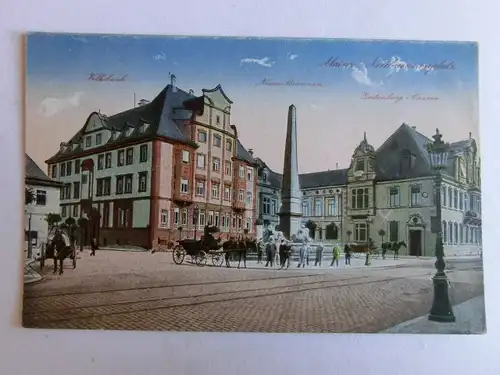 Alte AK Mainz Volksbank Neuer Brunnen Pferdekutsche um 1920 [aJ679]